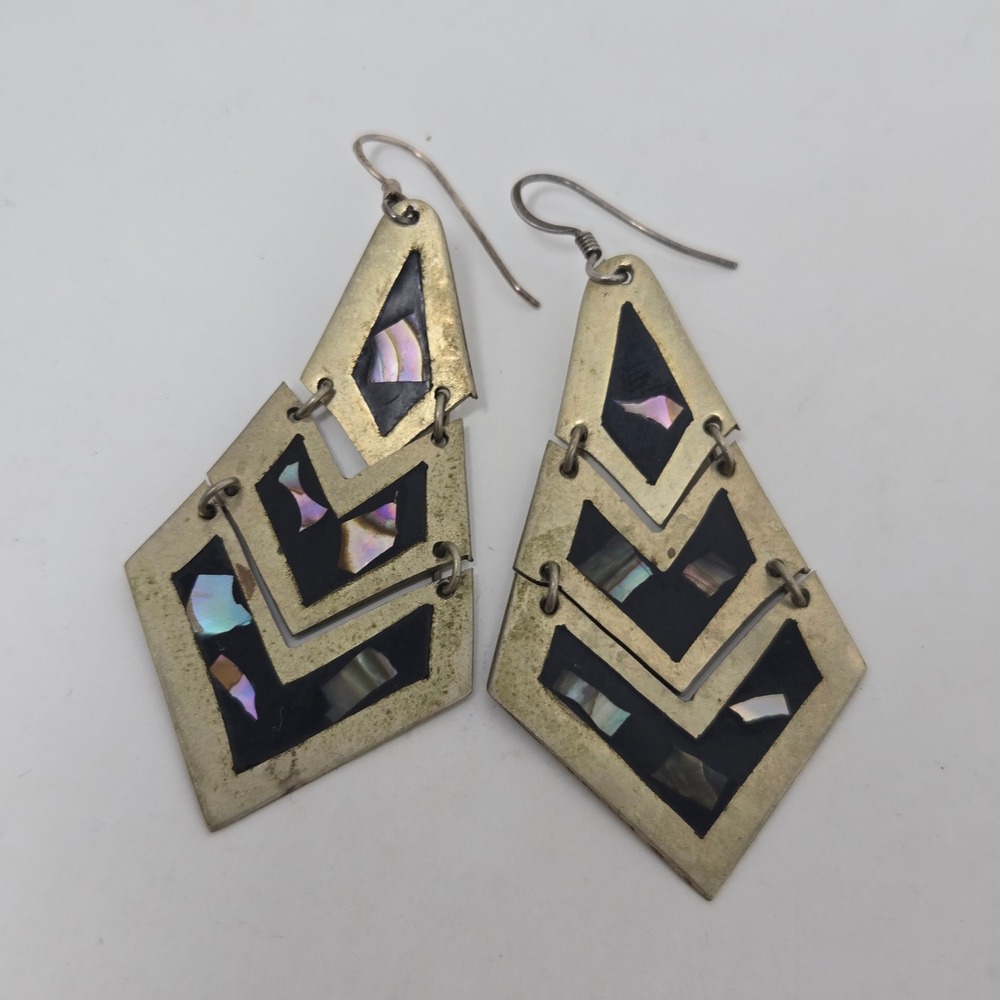 Vintage Alpaca Mexico Abalone Inlay Chevron Geometric Drop Earrings 925 Hooks